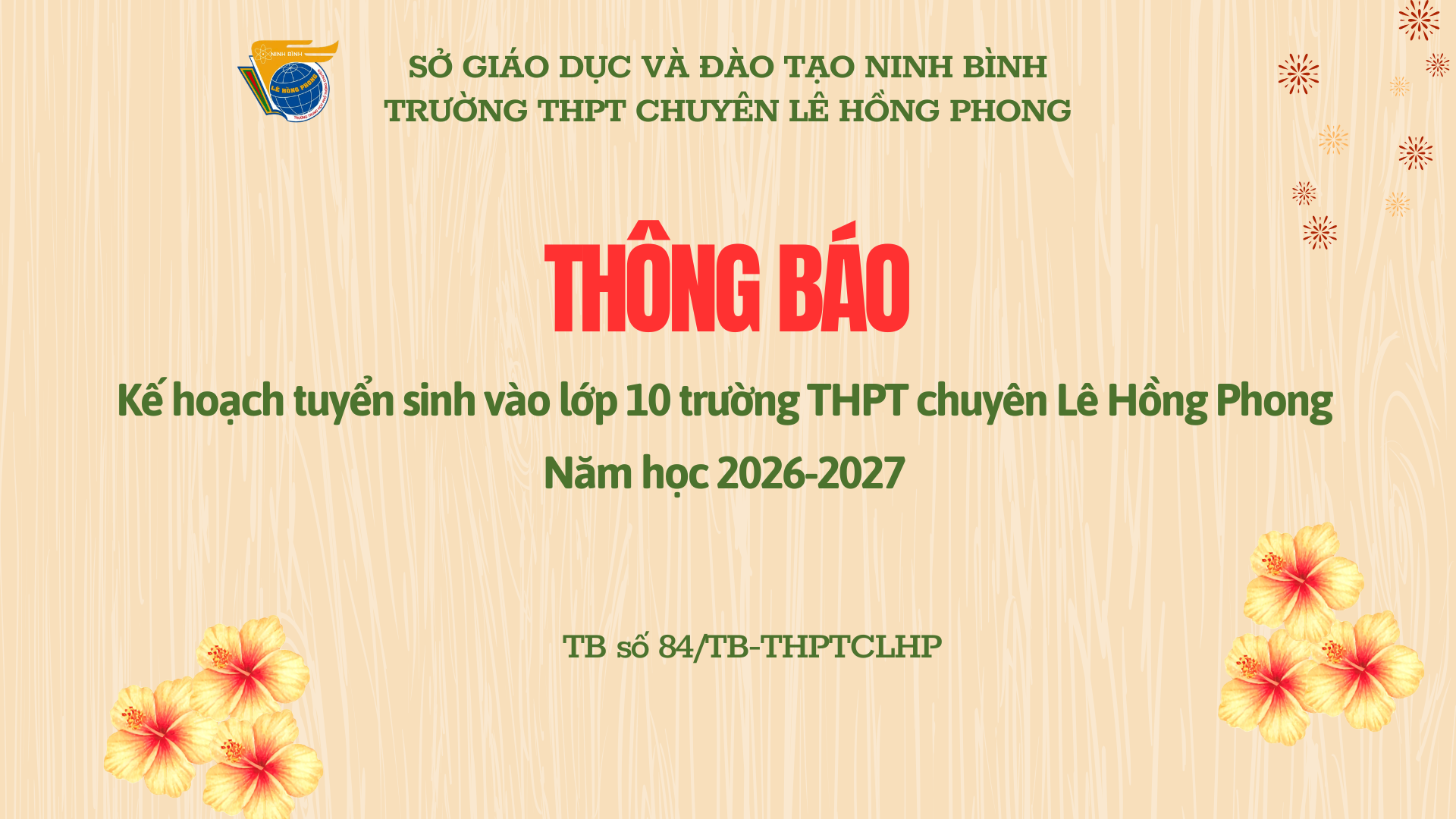 Thông báo Kế hoạch tuyển sinh vào lớp 10 trường THPT chuyên Lê Hồng Phong năm học 2026-2027